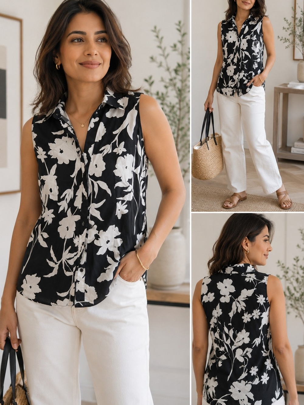 Ricki's Black & White Floral Sleeveless Button-Down Top